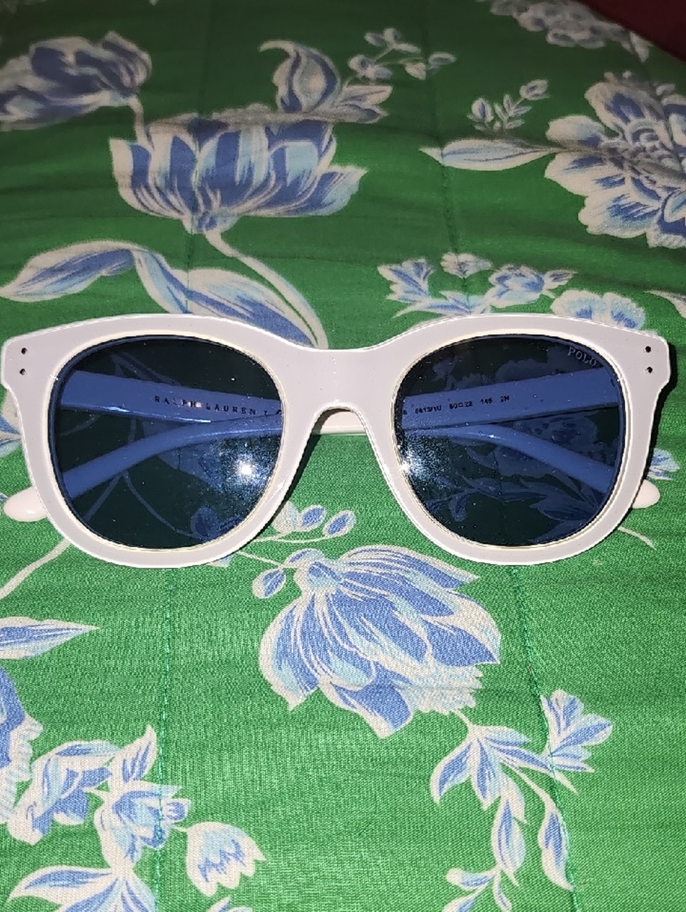 Ralph Lauren White Frame Sunglasses with Blue Lenses, EUC.